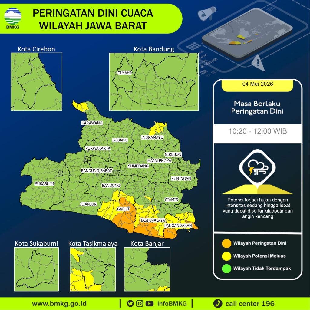 Hujan Lebat dan Angin Kencang Intai Jabar Selatan Siang Ini