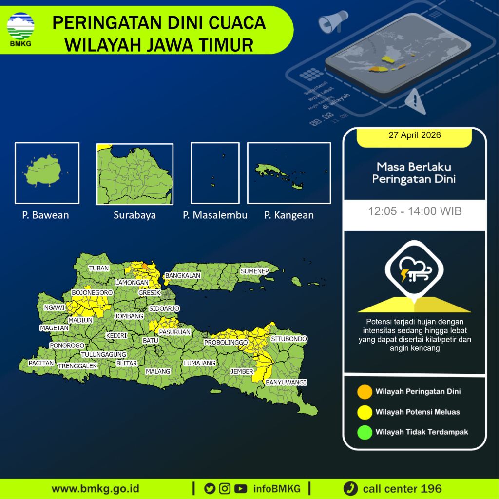 Jawa Timur Siaga Cuaca Ekstrem: Hujan Lebat dan Angin Kencang Intai Belasan Wilayah Siang Ini