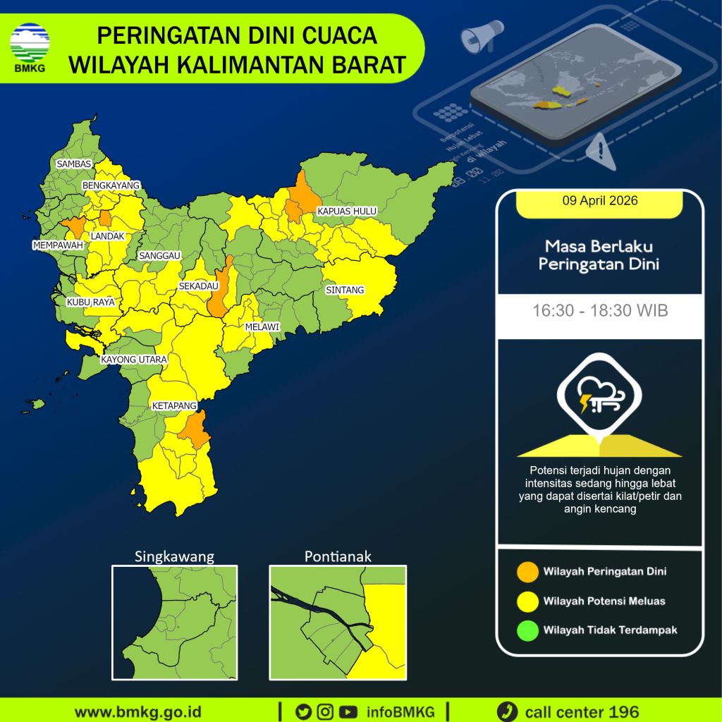BMKG Keluarkan Peringatan Dini, Sejumlah Wilayah Kalbar Berpotensi Diguyur Hujan Lebat Disertai Petir