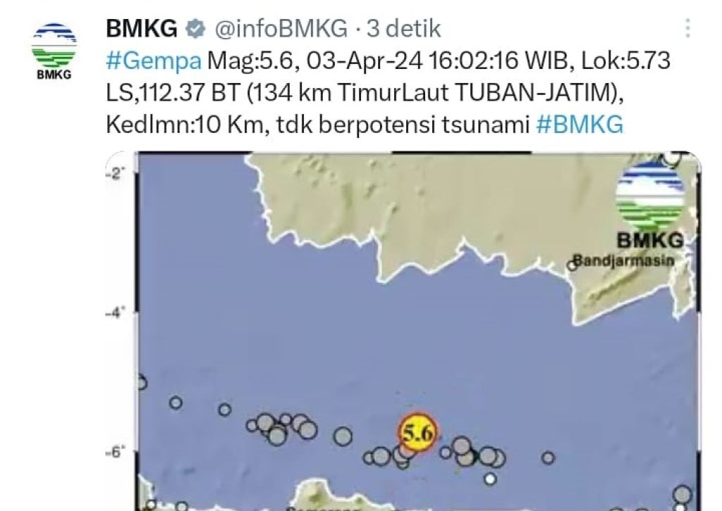 Gempa Kembali Guncang Tuban-Bawean, Kini Berkekuatan Magnitudo 5,6