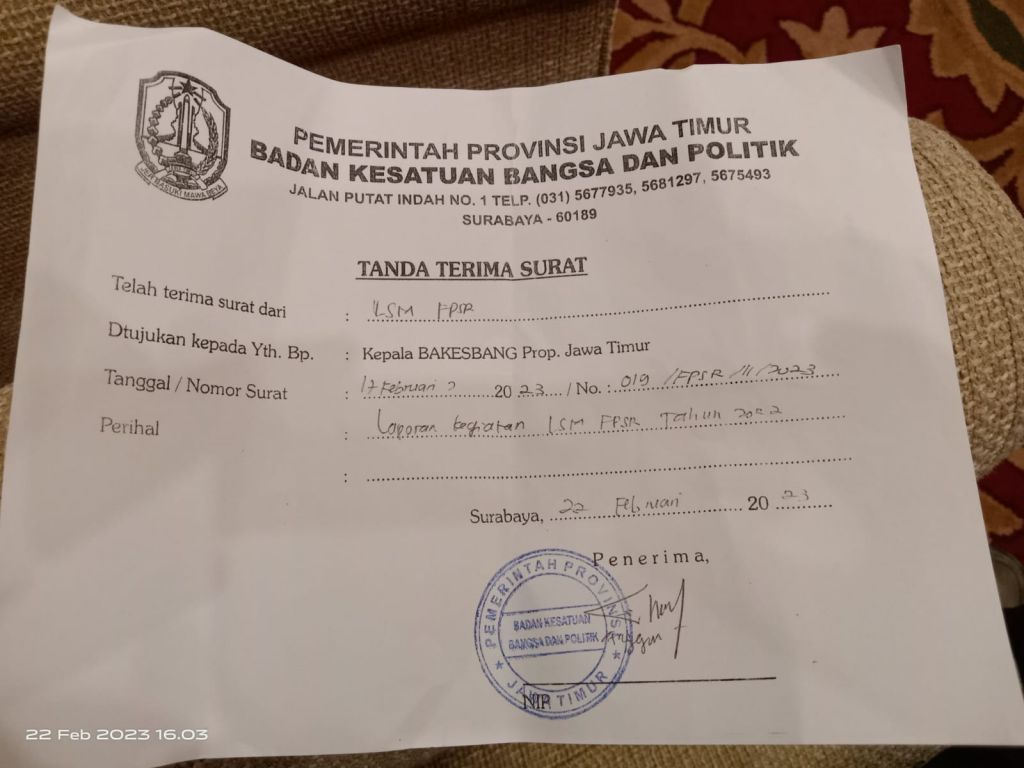 LSM FPSR Menyampaikan Laporan Kegiatan di Tahun 2022 ke Bakesbangpol Jatim