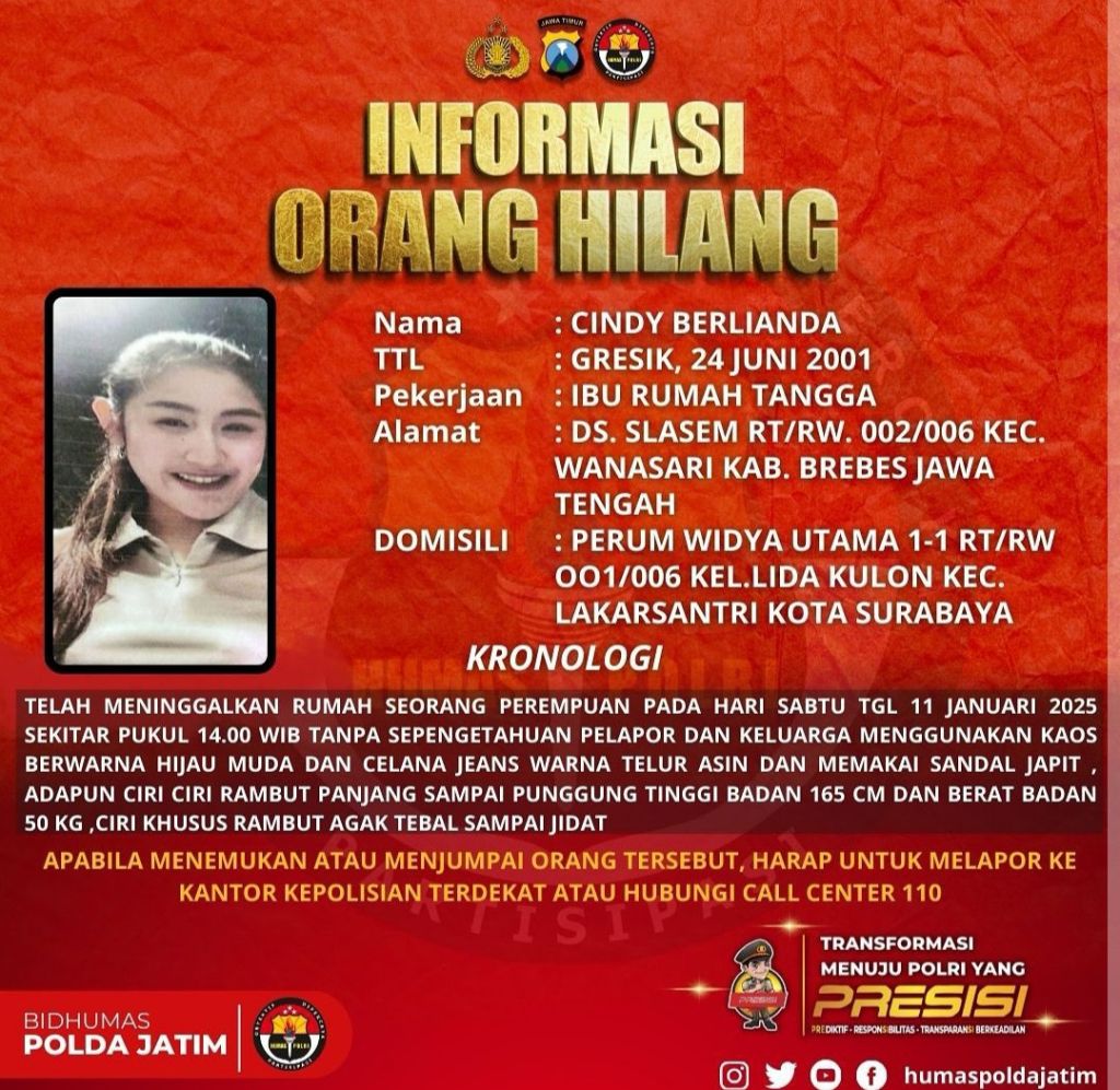 Wanita asal Gresik Dilaporkan Hilang Sejak 11 Januari 2025, Berikut Ciri-cirinya