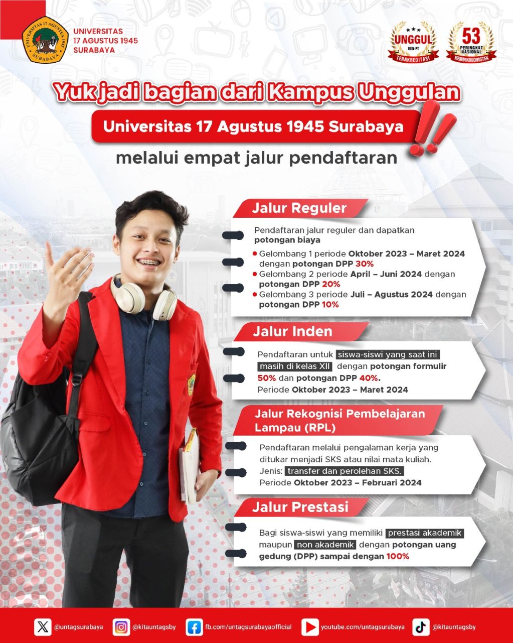 Untag Surabaya Buka Empat Jalur Pendaftaran, Potongan DPP Hingga 100 Persen