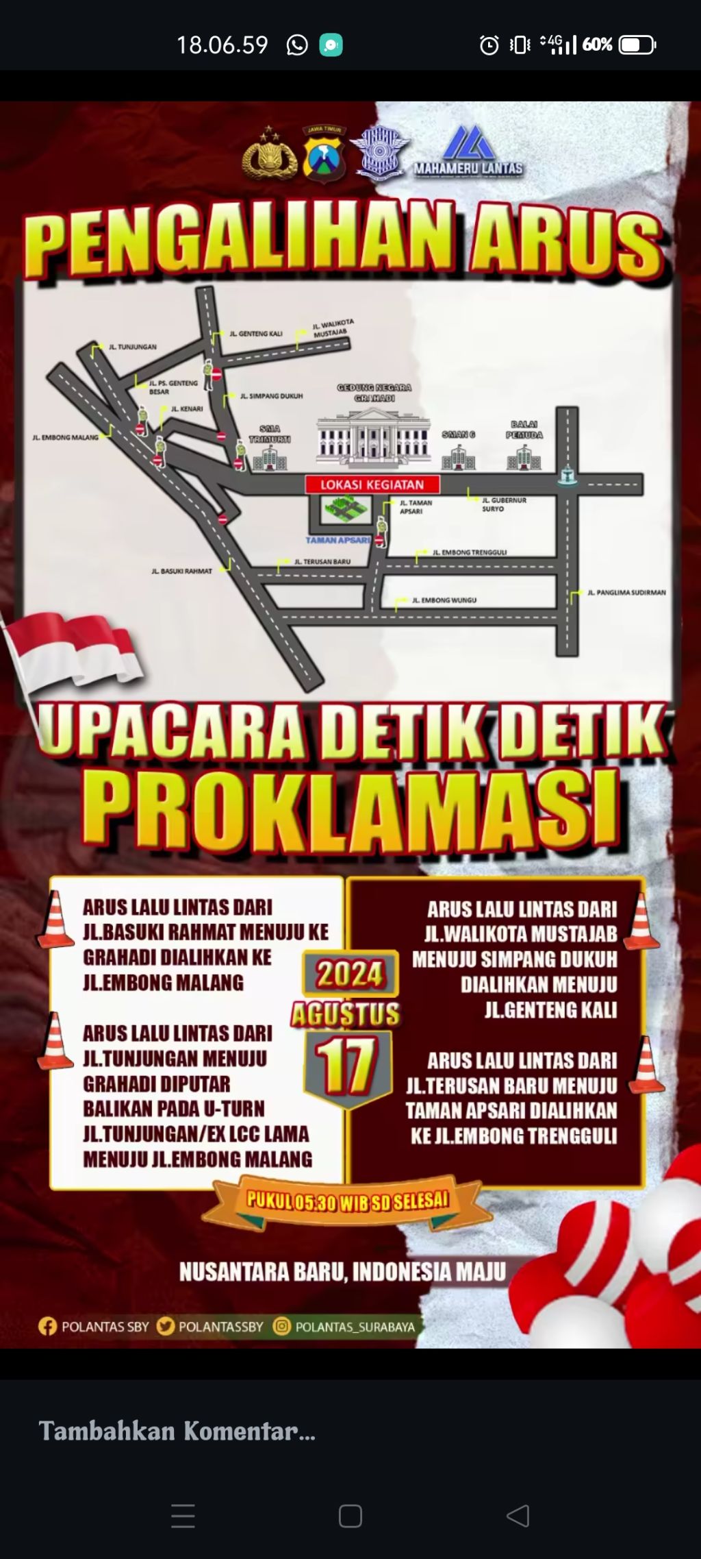 Upacara HUT RI ke-79 di Surabaya, Polisi Lakukan Pengalihan Arus
