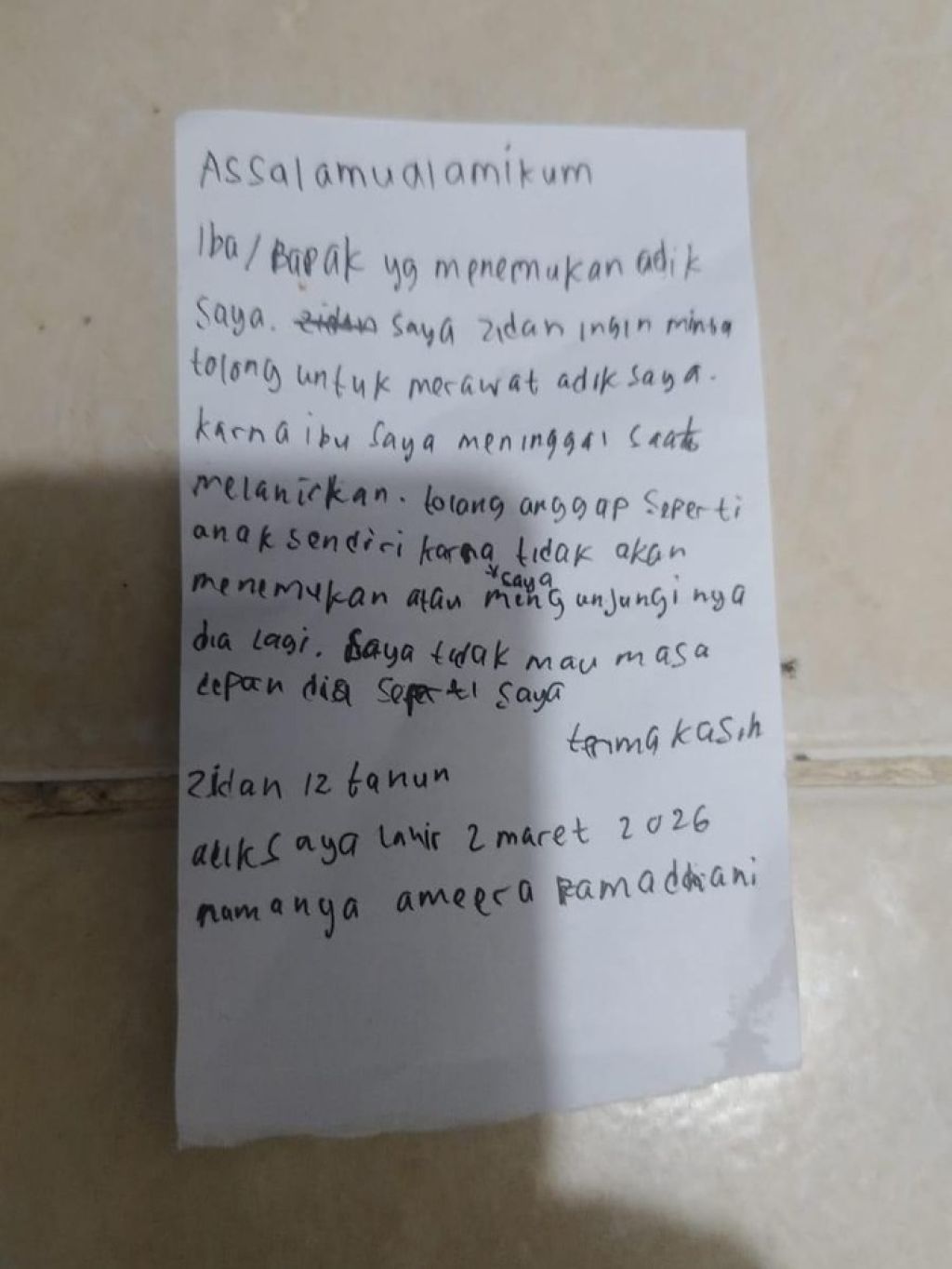 Surat Pilu Zidan: Bayi Dua Hari Ditinggal di Pasar Minggu Usai Ibu Meninggal