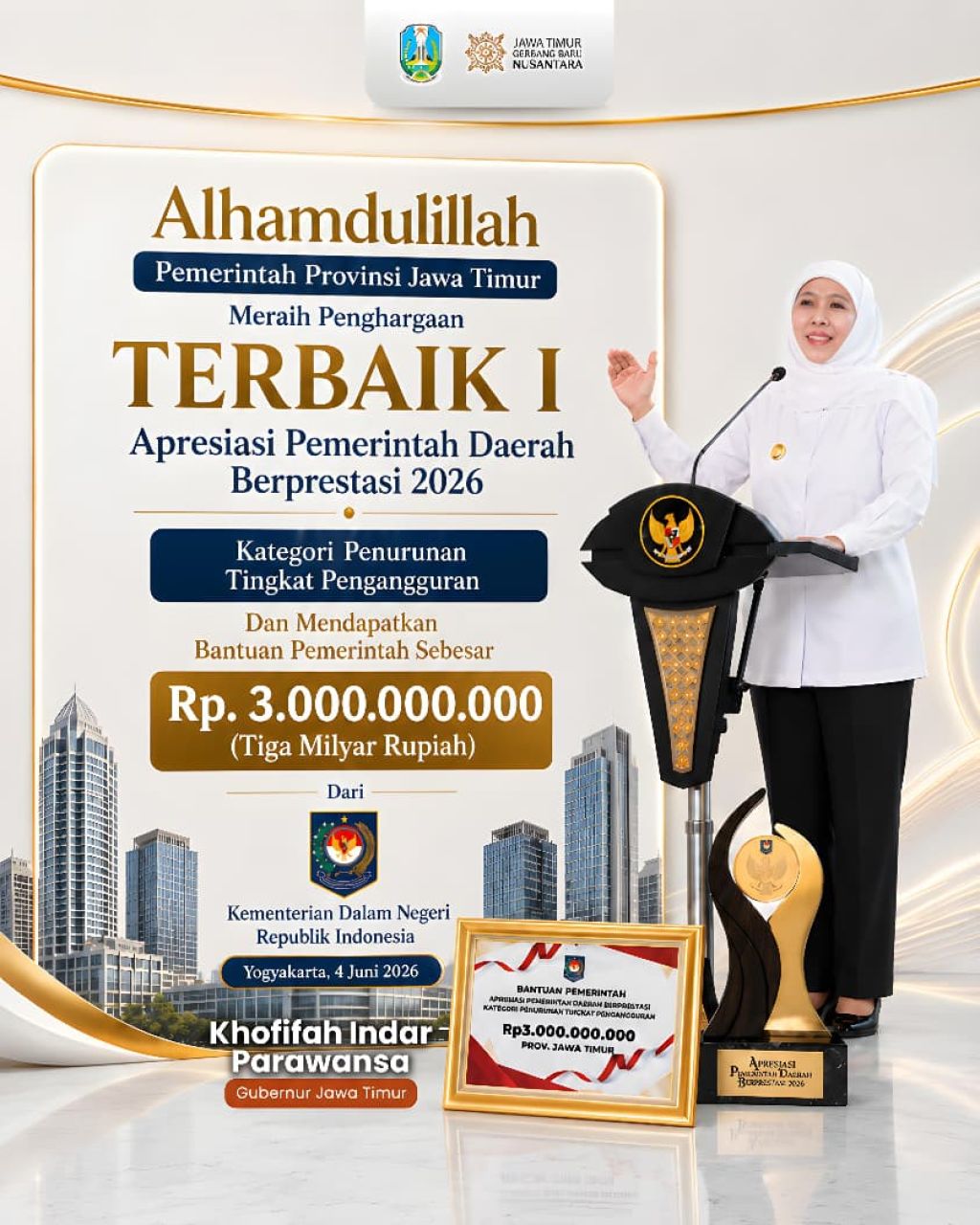 Jatim Raih Penghargaan Nasional Penurunan Pengangguran Terbaik, Dapat Insentif Rp3 Miliar