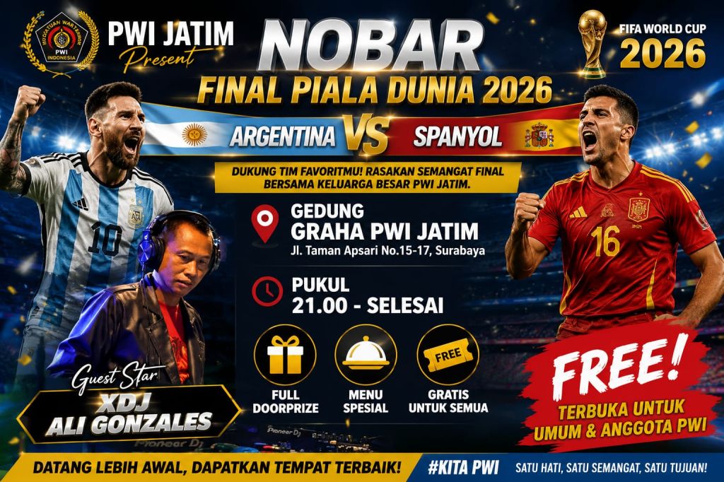 PWI Jawa Timur Gelar Nobar Final Piala Dunia 2026, Hadirkan Live Rock Band, DJ, Doorprize dan Sajian Istimewa